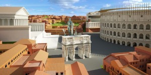 Rome Reborn 2.1 : vue sur l'arc de Constantin, le Colisée et le temple de Vénus et de Rome.