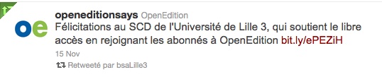 Tweet d'OpenEdition annonçant l'adhésion de Lille 3