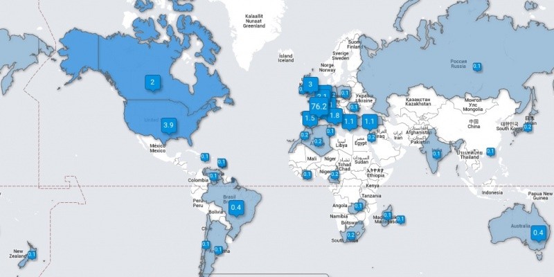 Pourcentage de la localisation des followers de @bsaLille3 au 3 décembre 2015 (sources : TweepsMap)