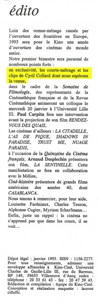 édito - Programme Kino-ciné janvier-mars 1993