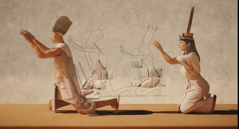 Akhénaton et Néfertiti se prosternant sous les rayons du soleil d'Aton - ATON-NUM © Archéovision - Archéotransfert