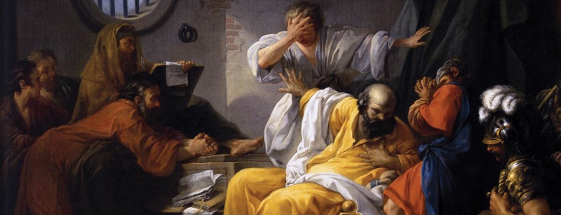 La mort de Socrate par Jacques-Philippe-Joseph de Saint-Quentin, 1762. Public domain via Wikimedia Commons.
